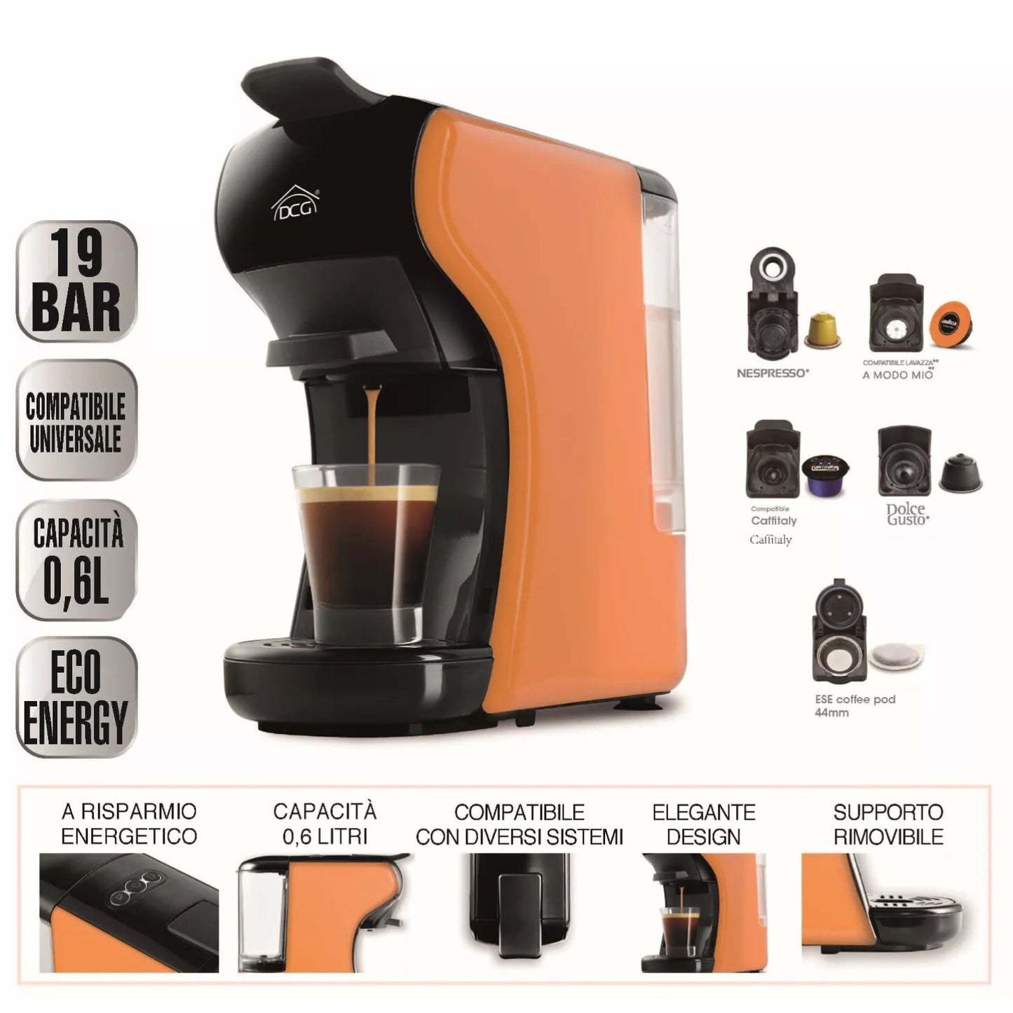 Dcg Macchina Del Caffè Universale – es6517 - Arancio e Nera + Mix Degustazione 15 Pz Cialde e Capsule In Omaggio