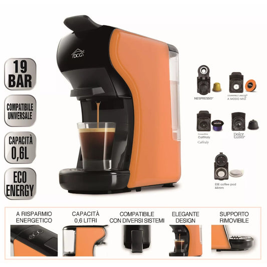 Dcg Macchina Del Caffè Universale – es6517 - Arancio e Nera + Mix Degustazione 15 Pz Cialde e Capsule In Omaggio