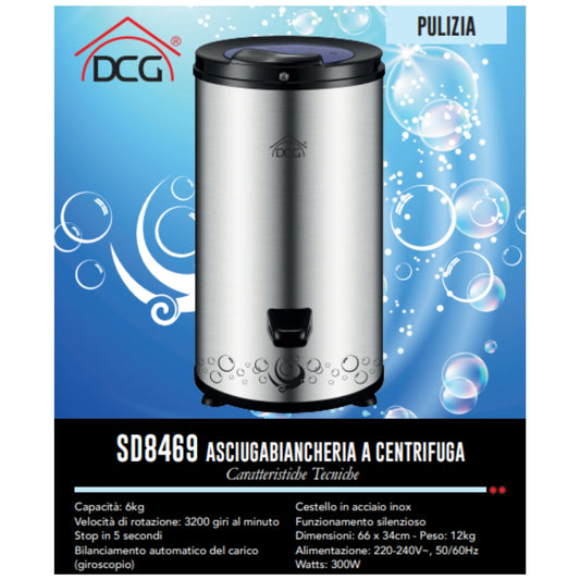 DCG SD8469 Asciugatrice Centrifuga Inox, Asciugabiancheria Portatile Salvaspazio, Asciugapanni Silenziosa