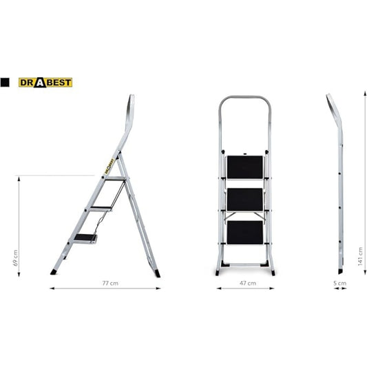 Drabest Premium Scaletta In Acciaio Per Casa E Ufficio – Portata Scala Domestica 150 Kg – 3 Gradini