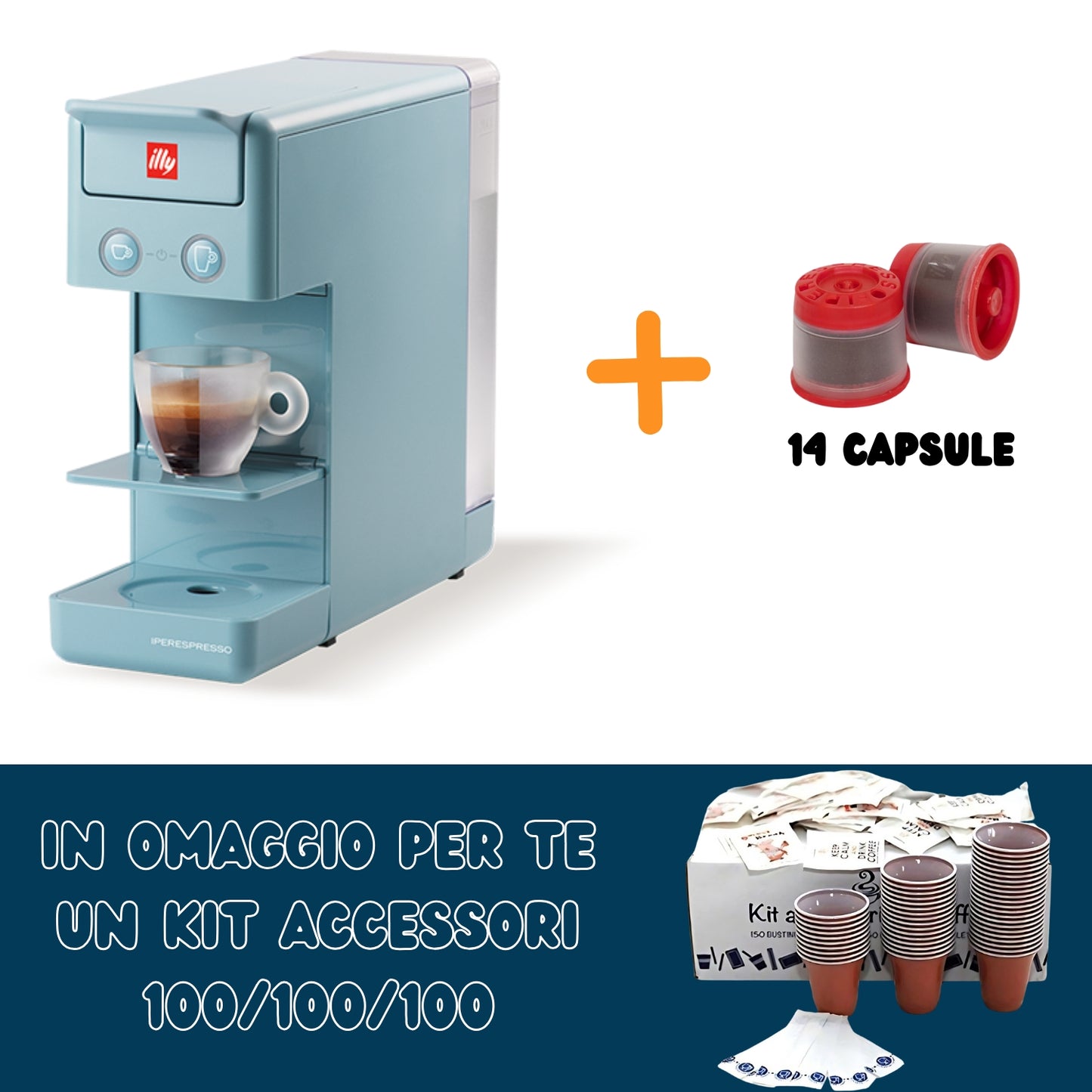 Illy Macchina Iperespresso A Capsule Y3.3 + 14 Capsule Caffè + Kit Accessori 100 Palettine/bicchierini/zucchero