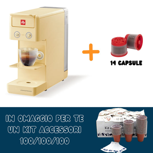 Illy Macchina Iperespresso A Capsule Y3.3 + 14 Capsule Caffè + Kit Accessori 100 Palettine/bicchierini/zucchero