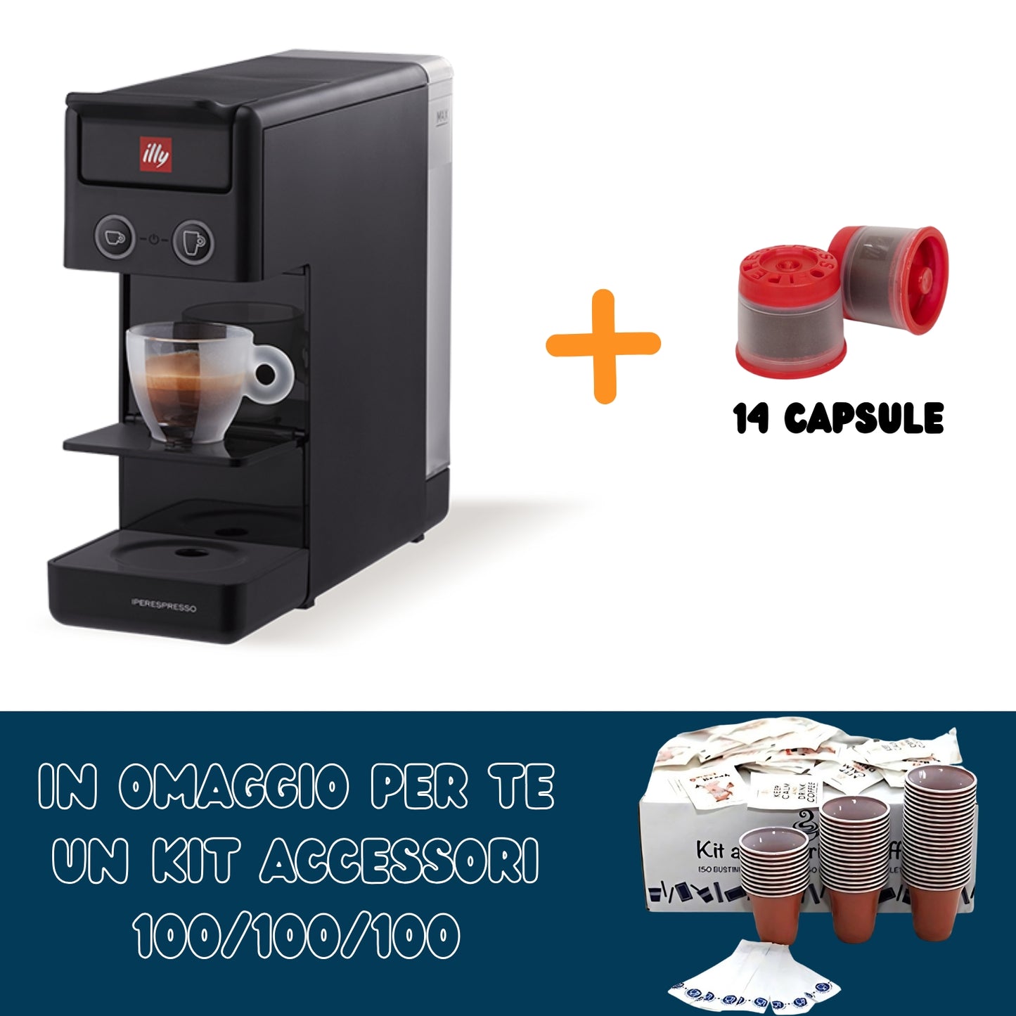 Illy Macchina Iperespresso A Capsule Y3.3 + 14 Capsule Caffè + Kit Accessori 100 Palettine/bicchierini/zucchero