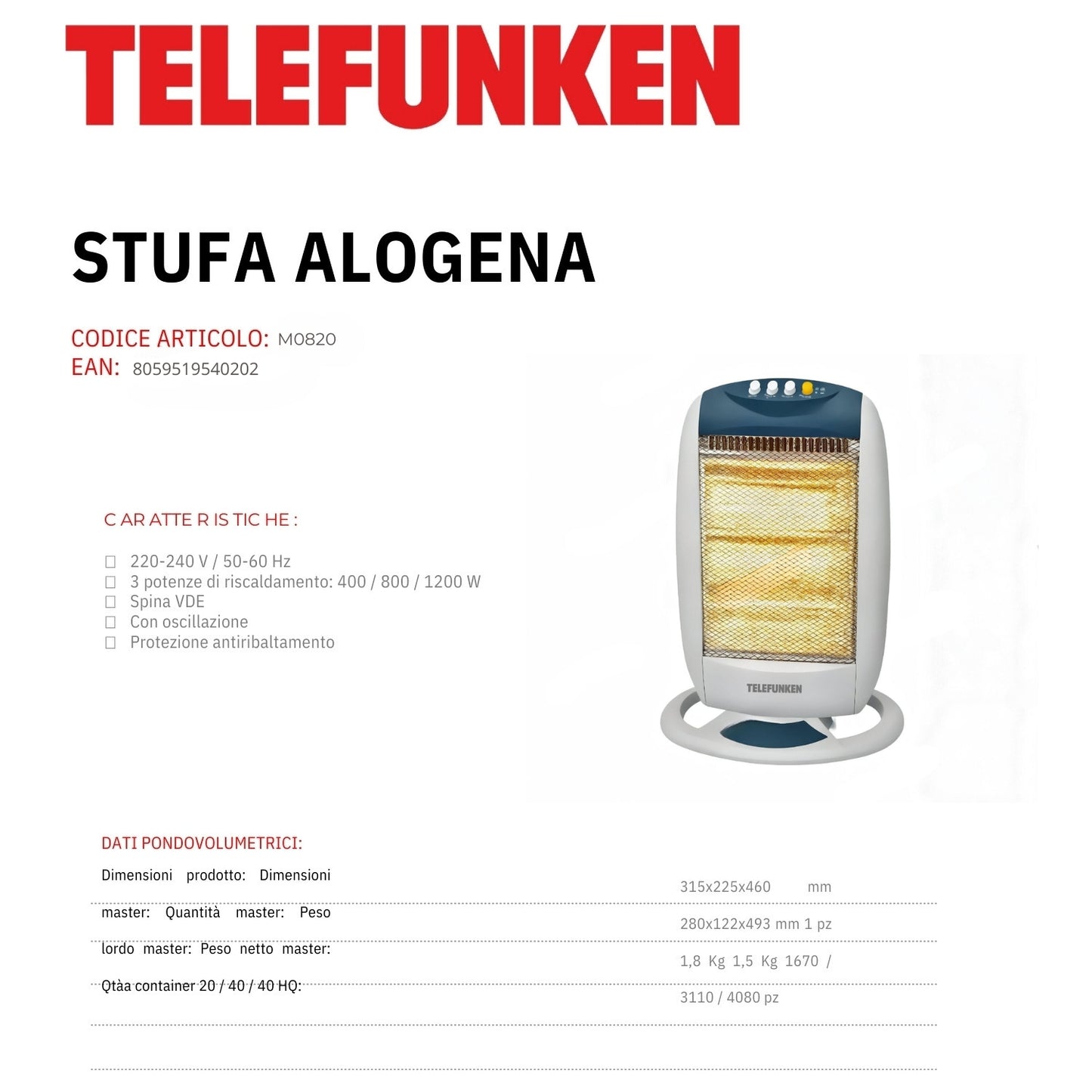 Telefunken Stufa Alogena Caldobagno 1200w M08020