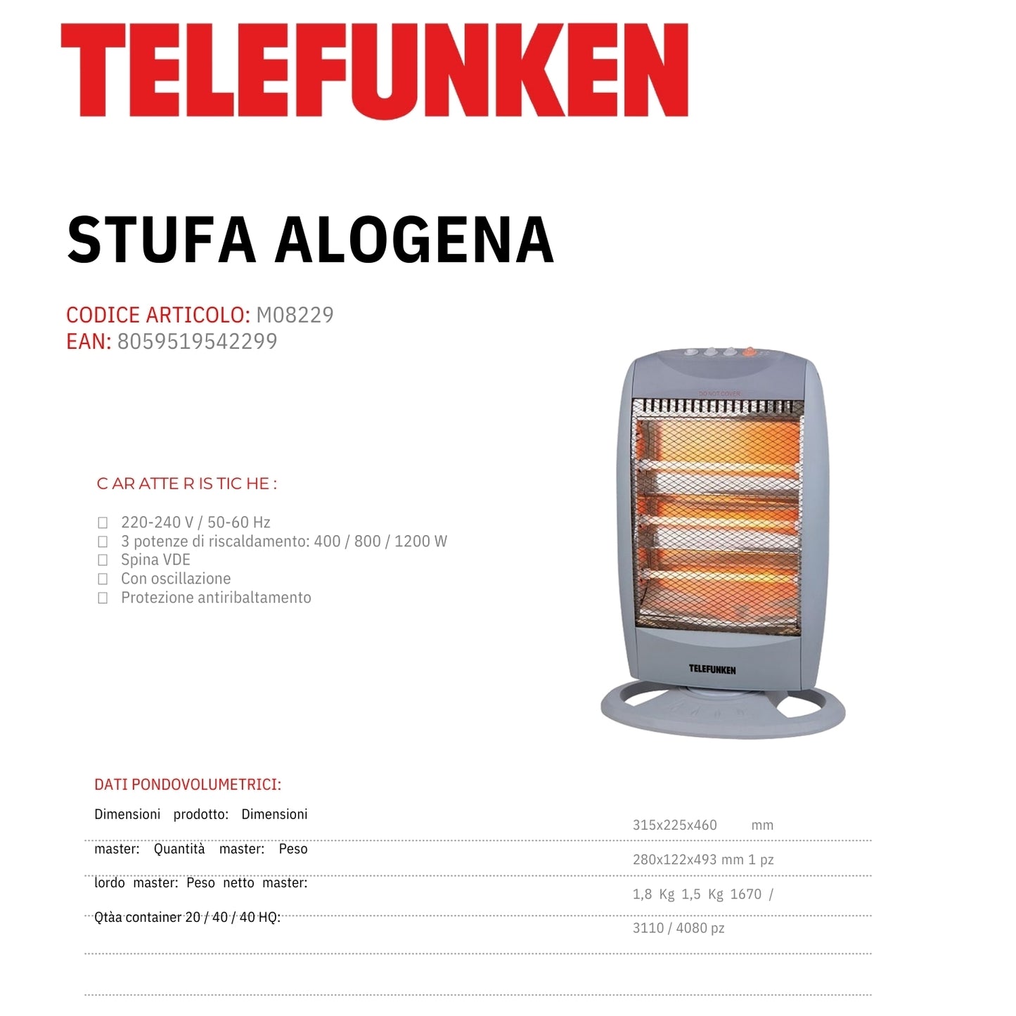 Telefunken Stufa Alogena 3 Velocità M08229 1200w