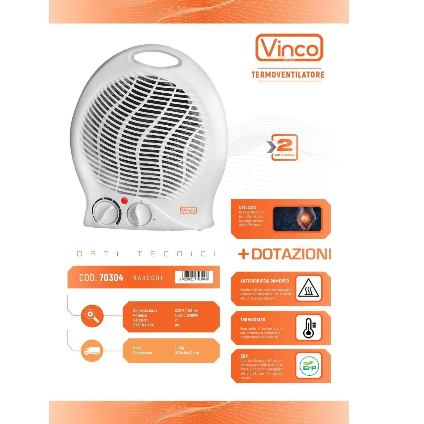 Vinco Caldobagno Stufetta Termoventilatore 70304  2000watt