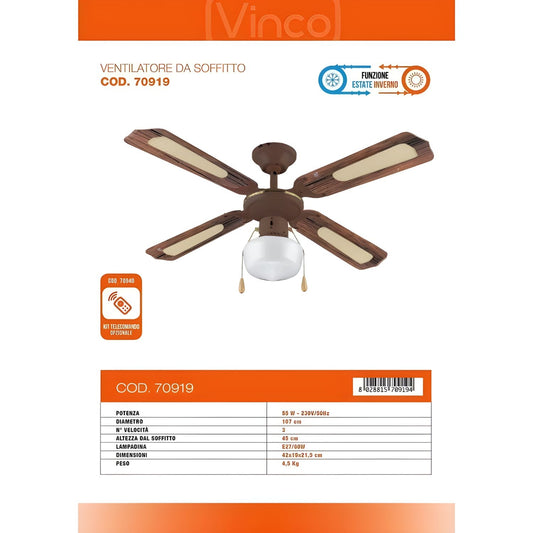 Vinco Ventilatore Soffitto 107CM 55W BROWN COD.70919