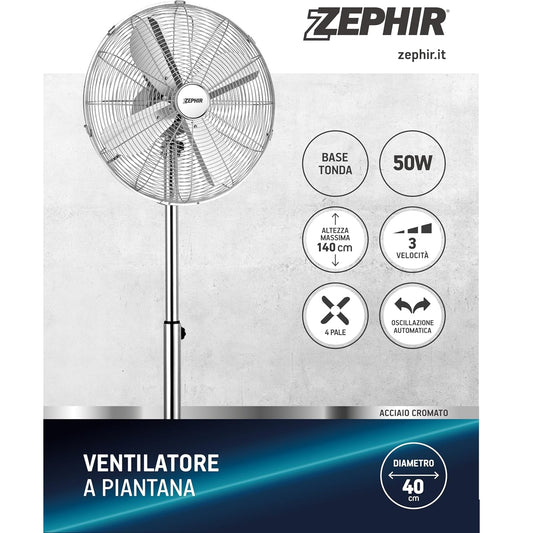 Zephir Ventilatore A Piantana Cromato 40cm Pf40cr