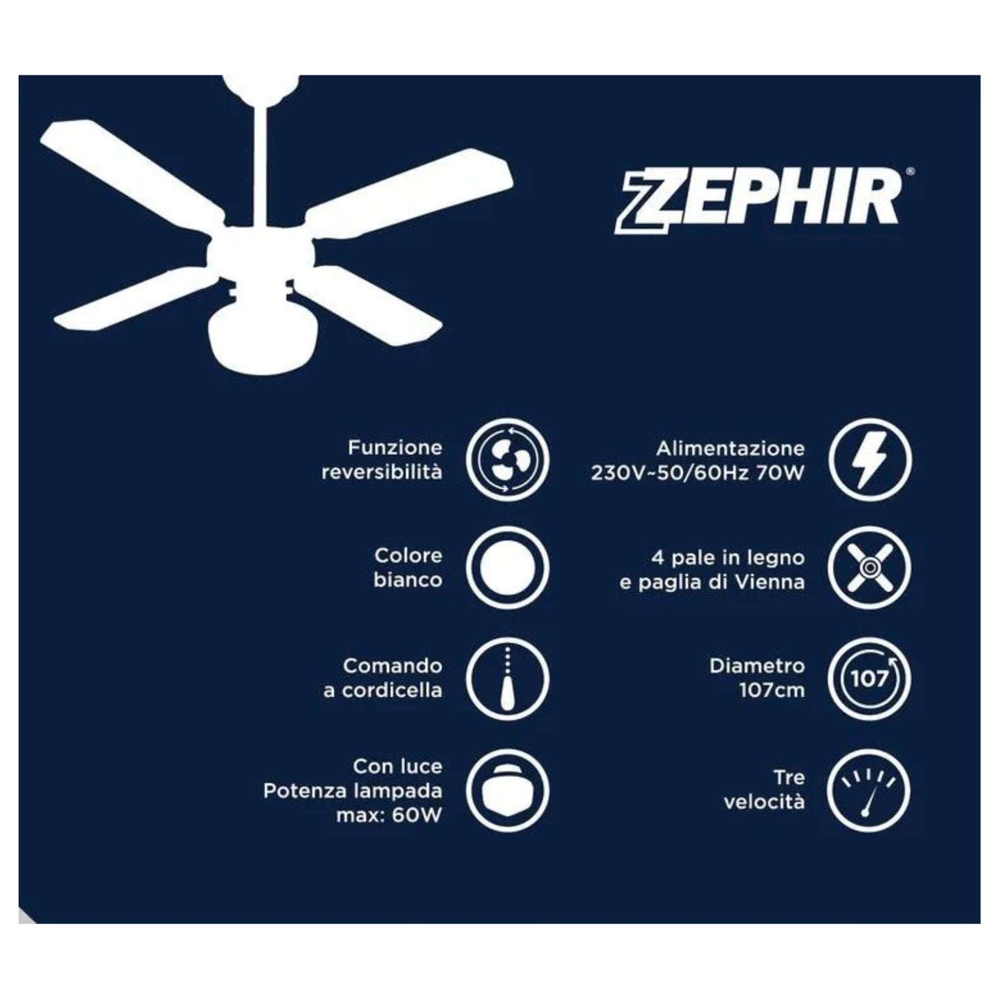 Zephir Ventilatore  Decorativo A Soffitto Con Luce E 4 Pale Zfs9107b